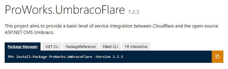 Nuget screenshot of ProWorks.UmbracoFlare package