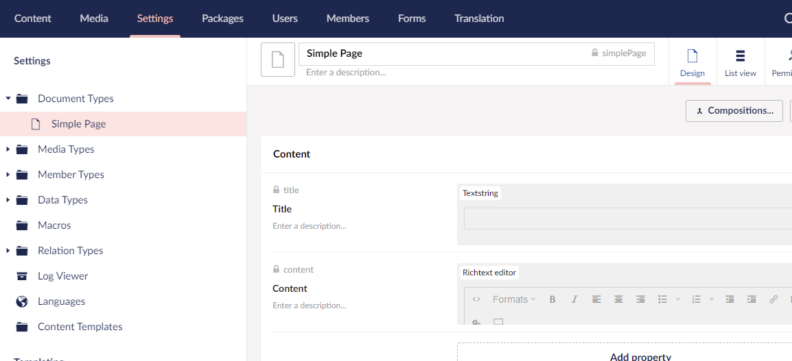 umbraco back-office doctype design