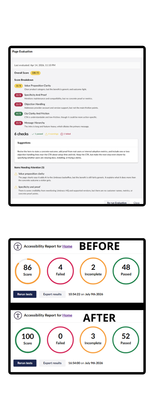 Accessibility Reporter results showing the score rising from 86 to 98